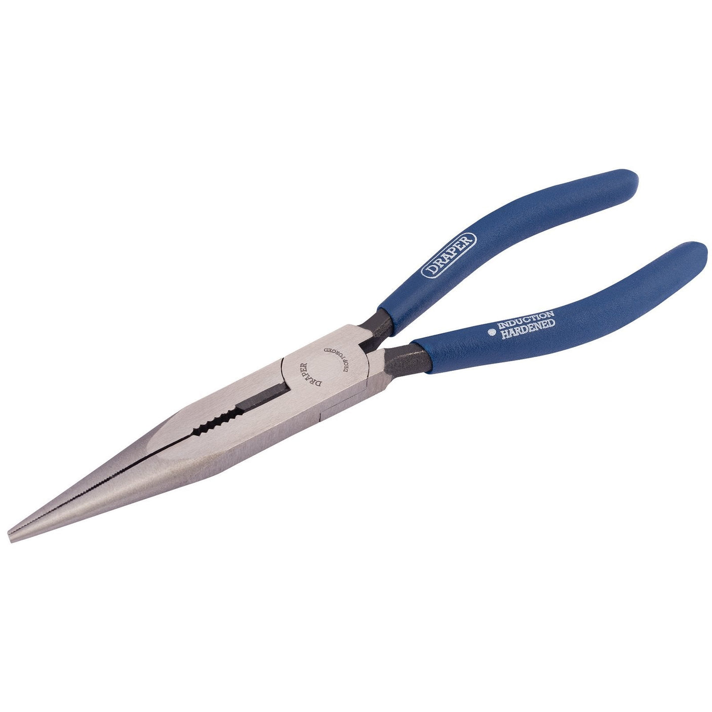 Introducing the Draper Long Nose Pliers, 200mm - 37ANH: crafted with induction-hardened, forged carbon steel and featuring PVC dipped blue handles, these pliers are designed for precision gripping and bending tasks.