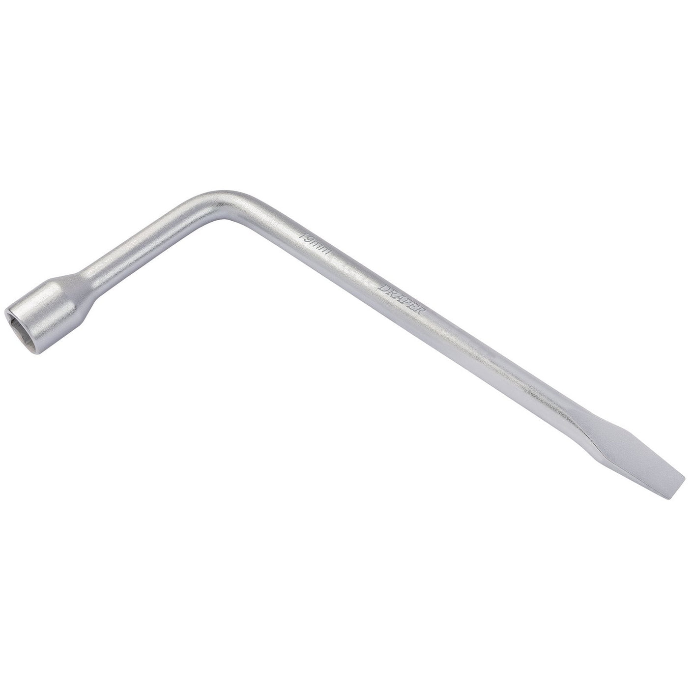 The Draper Wheel Nut Wrench, 19mm/3/4" - S21, is a forged silver L-shaped wrench from Draper featuring a high leverage handle with a socket on one end and a flat lever on the other, specifically designed for changing tires.