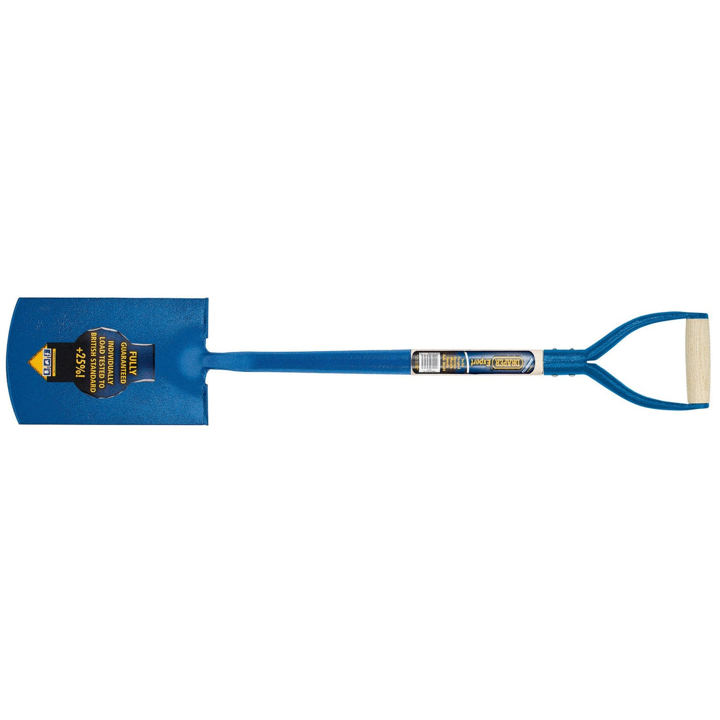 The Draper Expert Contractors Square Mouth Shovel With Ash Shaft - SMSWH is a blue shovel featuring a flat blade, a long handle with a D-grip, and a durable ash wood shaft.