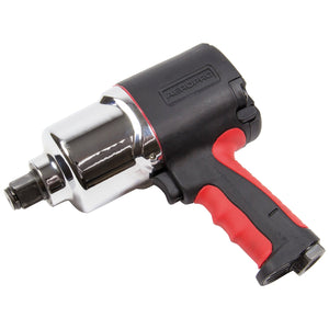 The SIP-3/4" Composite Air Impact Wrench - SIP-07202 from SIP is a high-power pneumatic tool that boasts a black and red handle, chrome housing, and an advanced Twin Hammer system.