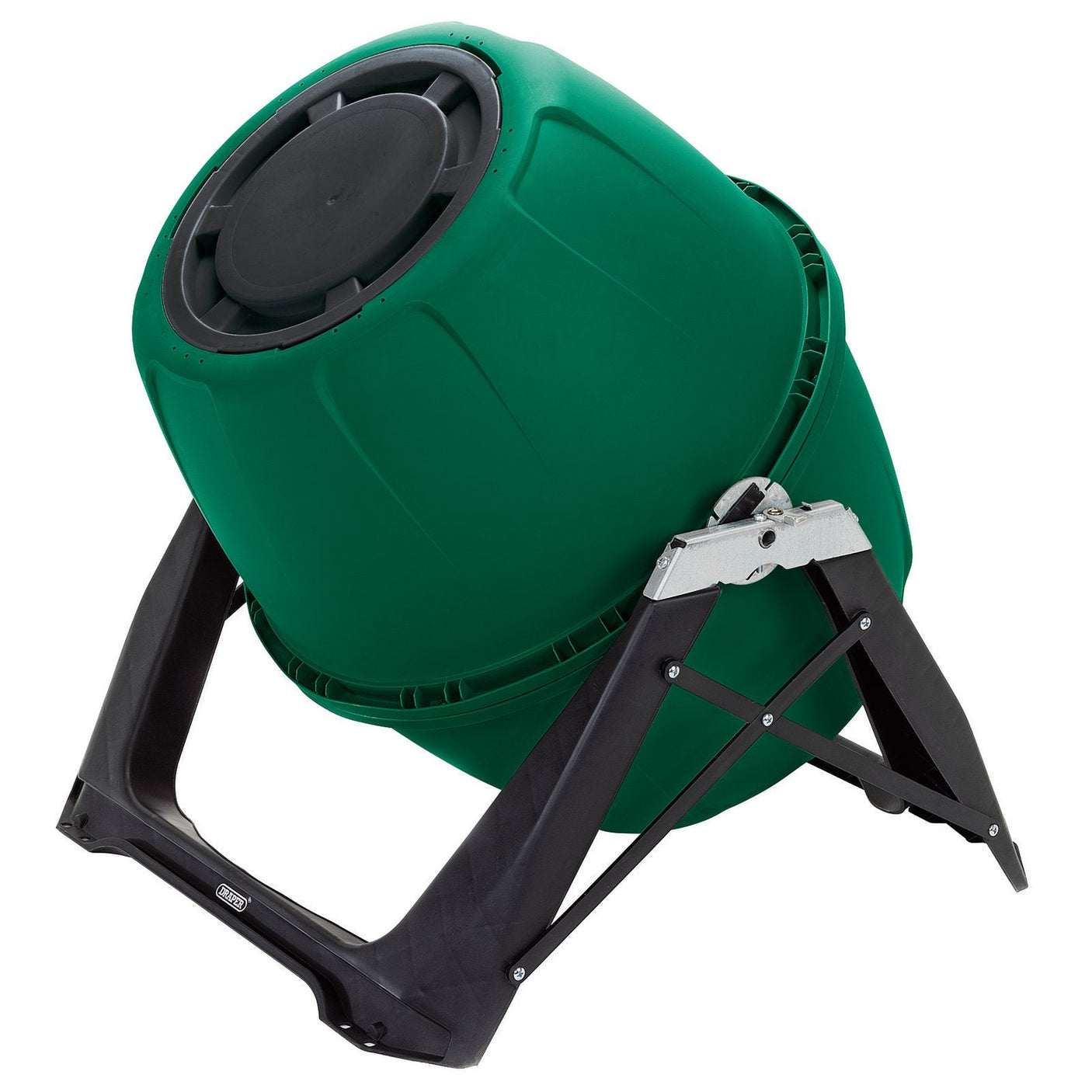 Draper Compost Tumbler, 180L - TC by Draper features a green polypropylene barrel and black stand with a tumbling action for efficient garden waste composting.