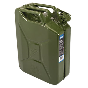 A 20L green Draper Steel Fuel Can (model SFC20L-GREEN/C), specifically designed for holding flammable liquids, stands upright against a white background. It features a "Petrol Highly Flammable" label, a spout for pouring fuel, and a bayonet cap closure.