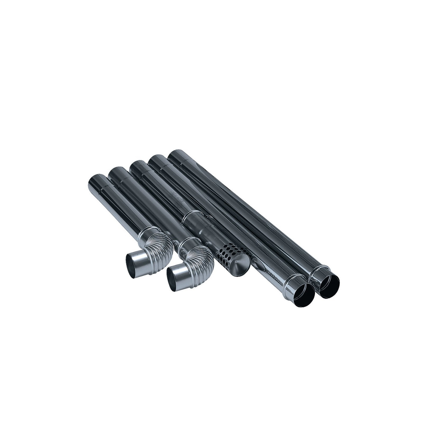 Five components from the Draper Flue Kit for Far Infrared Diesel Heaters (8 Piece) - DSH-FIR-FK, featuring metallic cylindrical pipes of varying designs and lengths, are arranged parallel to each other on a plain white background.