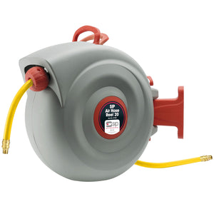 A SIP - Air Hose Reel 20 (model SIP-07400) by SIP in gray and red, featuring Through Flow technology with a yellow hose attached. This reel includes a wall-mount bracket, winding handle, and Auto-Layering for seamless operation.