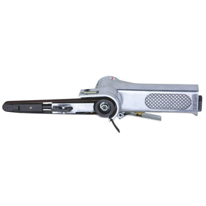 The SIP - 10mm Air Belt Sander (model SIP-07401) from SIP is a high-performance, metal handheld sanding tool featuring a textured handle and a narrow sanding belt attachment, making it ideal for precision work.