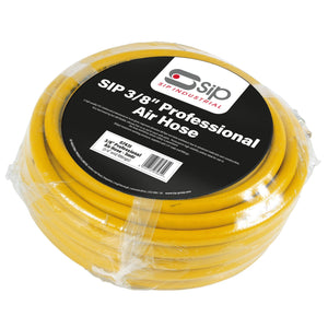 A yellow SIP 3/8" 5mtr Professional Air Hose | IP-07431, made of nitrile rubber for enhanced abrasion resistance, coiled and wrapped in plastic packaging, labeled with product information on a black and white sticker.