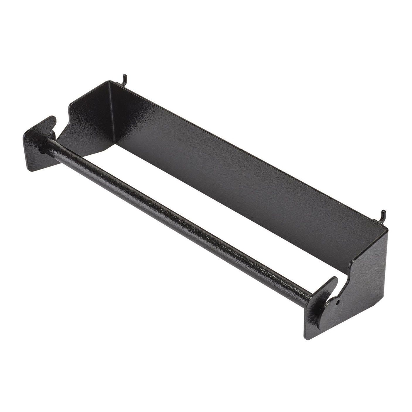 The Draper Bunker® Paper Towel Roll Holder - AMS400/B100-PTH by Draper is a black metal bracket with hooks and a crossbar, designed for mounting or holding items. It features sturdy steel construction, making it suitable for industrial or organizational use.