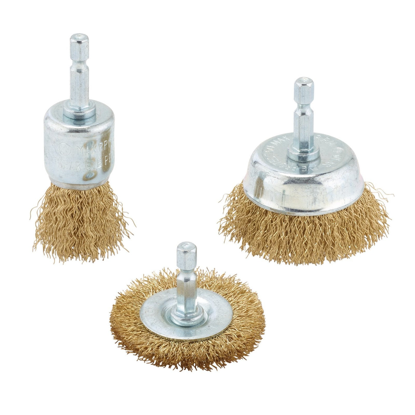 The Draper Brassed Steel Crimped Wire Brush Set (3 Piece) - WBSET3, featuring durable brassed steel wire brushes with cylindrical drill attachment bases, is arranged against a white background.