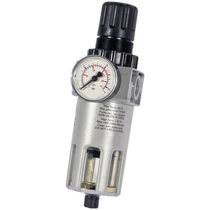 Image of the SIP - 1/2" Filter Regulator with Gauge (model SIP-07531), featuring a pressure gauge and knob for controlling airflow in pneumatic systems, ensuring accurate measurement. Ideal for use with SIP compressors.