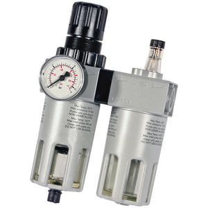 The SIP - 1/2" Air Control Unit (model SIP-07532) by SIP features two metal canisters, a pressure gauge, and an adjustment knob for industrial pneumatic applications.