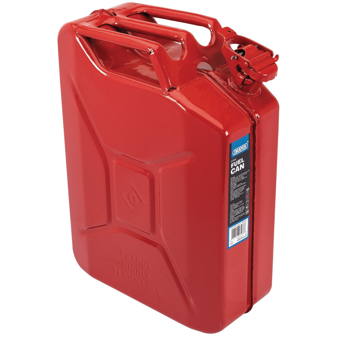 The Draper Steel Fuel Can, 20L, Red - SFC20L-RED/C is a robust red metal container featuring a secure bayonet cap closure and handle. It is labeled "Petrol" and "Highly Flammable," making it perfect for safely storing flammable liquids.