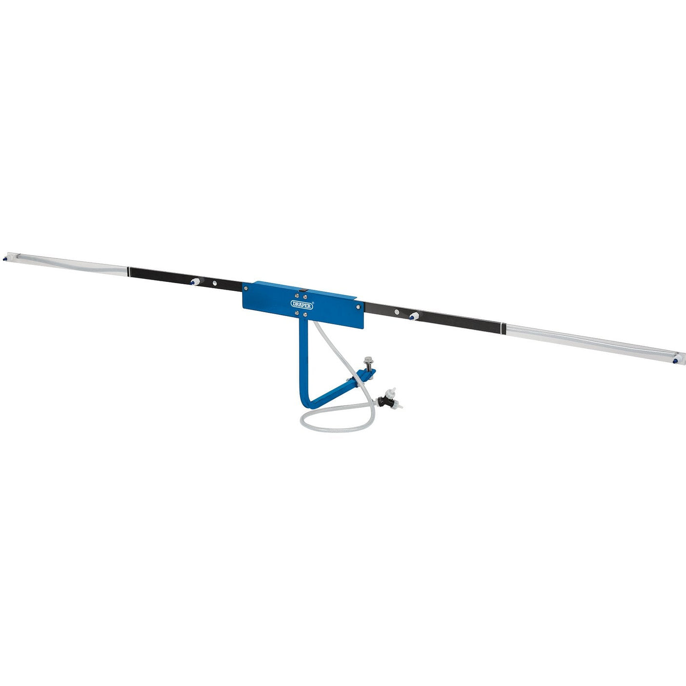 The Draper Extendable Boom Sprayer, 2.7 - 4.5M - BS45M from Draper is a long blue and silver oscillating sprinkler with multiple spray nozzles and an attached hose connector, featuring flexible boom arms for enhanced range.