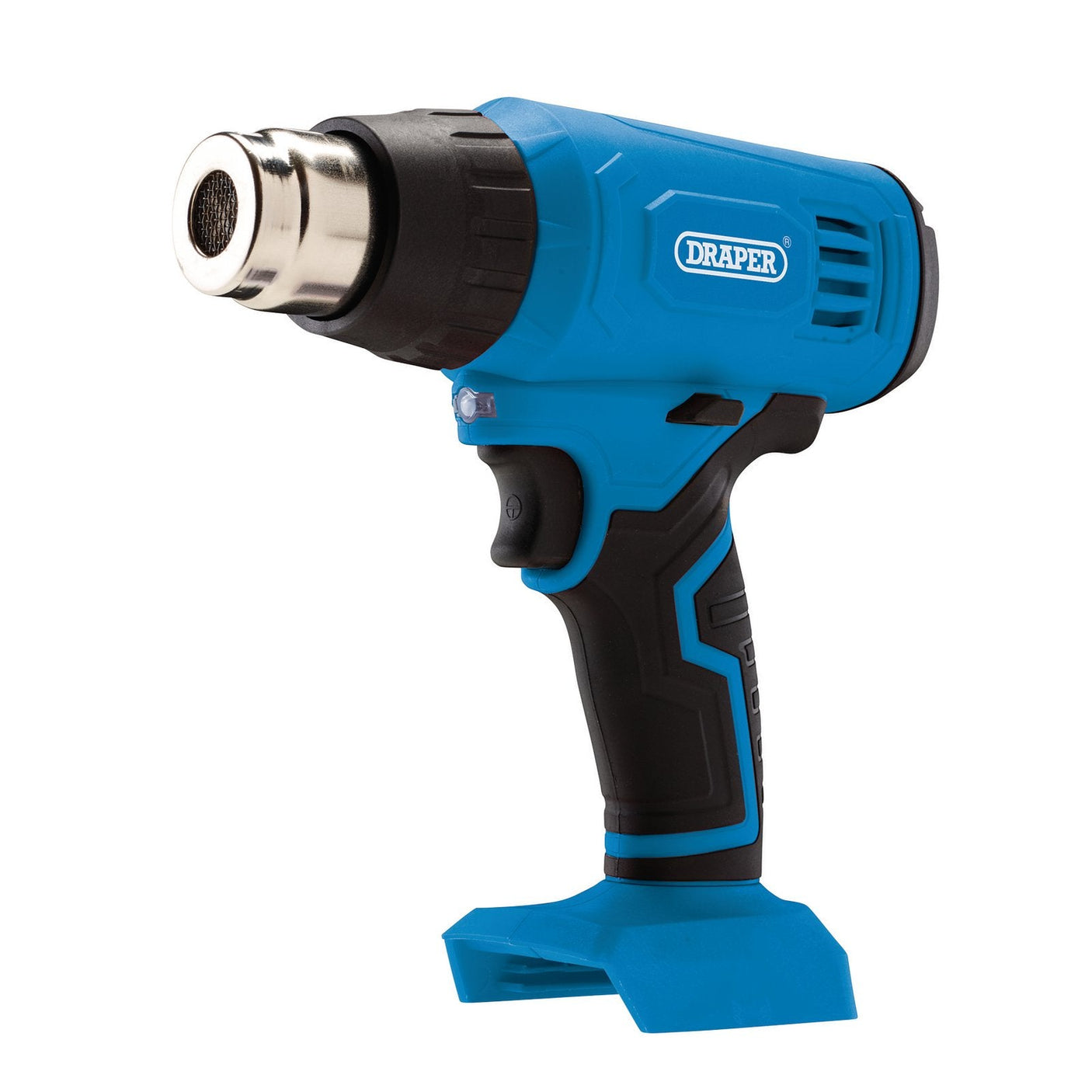 Introducing the Draper D20 20V Heat Gun (Sold Bare) - D20HG550/B: It features a blue and black design with a metallic nozzle and ergonomic grip. The body prominently displays the "DRAPER" brand, and it is compatible with the versatile D20 multi-tool battery system.