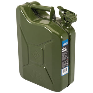 The Draper Steel Fuel Can, 10L, Green - SFC10L-GREEN/C is a green metal fuel can featuring a carrying handle and a latch to secure the lid. It is designed for flammable liquids, is leak-proof, and comes with safety instructions on the label. The front of the can has "PETROL HIGHLY FLAMMABLE" embossed on it.