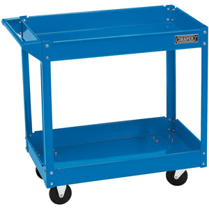 The Draper 2 Tier Tool Trolley - TTB2 is a blue, two-shelf mobile workshop trolley with a handle on one side and four caster wheels. It features the Draper logo and is crafted from heavy-duty steel with a durable powder-coated finish.