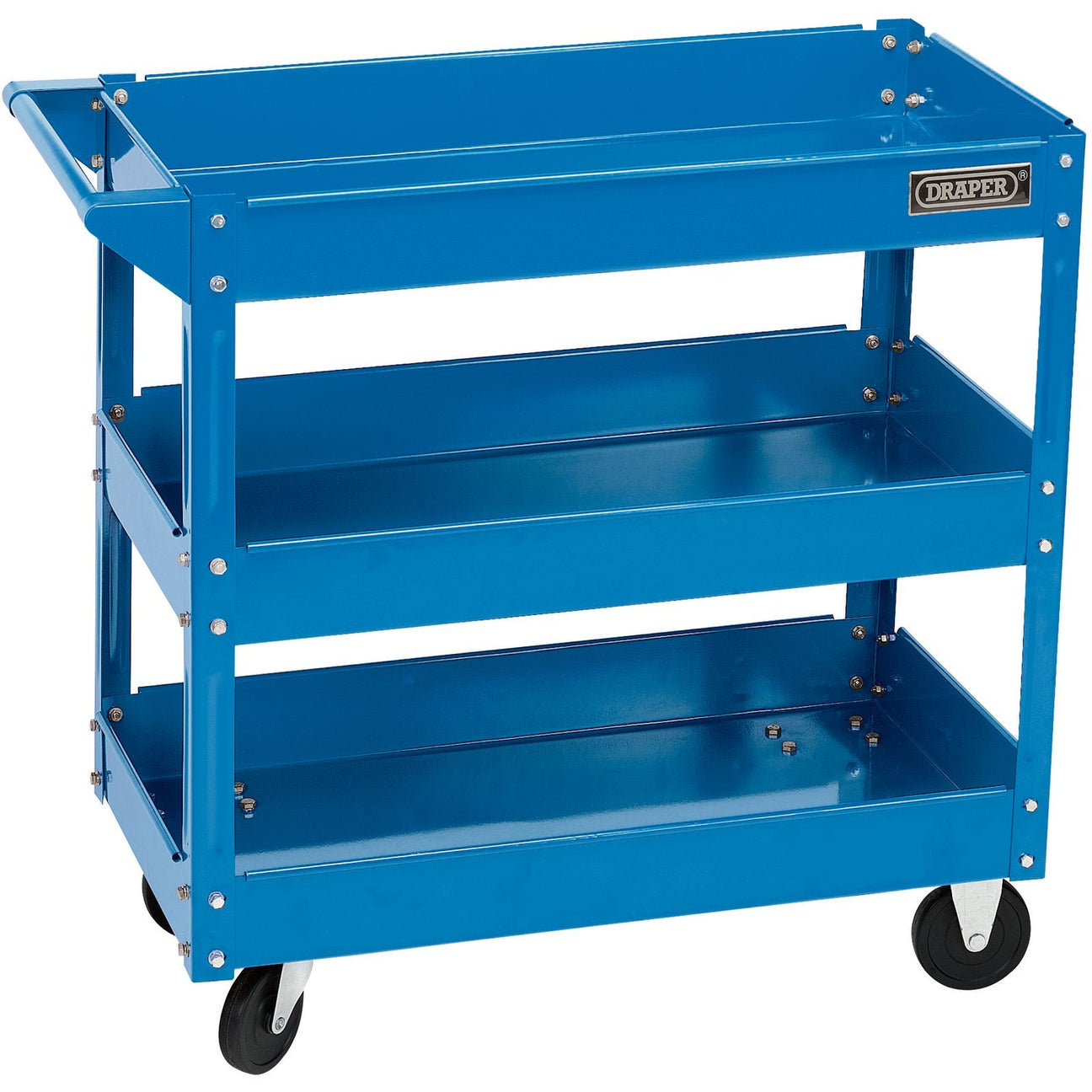 The Draper 3 Tier Tool Trolley - TTB3 is a blue, mobile workshop cart featuring three levels of heavy-duty steel shelves with raised edges for added security. It comes equipped with swivelling castors and a handle on one end for easy maneuverability.