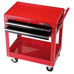 The Draper Expert 2 Tier Tool Trolley with Two Drawers - TT2DB by Draper features a red metal design, two lockable drawers, an open bottom shelf, and four caster wheels. It is crafted from heavy-duty steel.