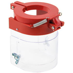 Close-up of a SIP 55mm Pillar Drill Chuck Guard (SIP-07662) in red and clear heavy-duty plastic, compatible with drill bits. It features a spring mechanism and metal fasteners for attachment, designed to fit a 55mm drill chuck guard.