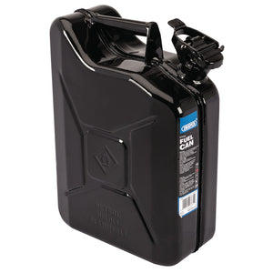 The Draper Steel Fuel Can, 10L in black (SFC10L-BLACK/C), is a premium metal canister featuring a spout and handle, ideal for storing flammable liquids. The label specifies it's designed for petrol and is highly flammable. Its leak-proof design guarantees safe storage and transport, making it an indispensable addition to your collection of fuel cans.