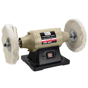 The SIP 8" Buffer Polisher | IP-07698 by SIP is a tan metal buffer polisher with a black base, featuring two circular buffing pads on either end and a central label displaying specifications, ideal for precise metalwork finishing.