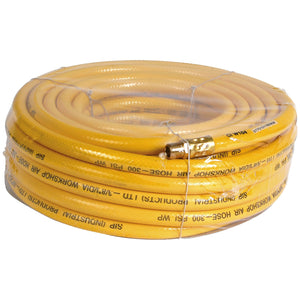 A coiled SIP - 3/8" 50ft yellow PVC Workshop Hose (model SIP-07701) with metal connectors, wrapped in clear plastic for packaging, designed for use with SIP compressors and capable of handling up to 300psi max pressure.