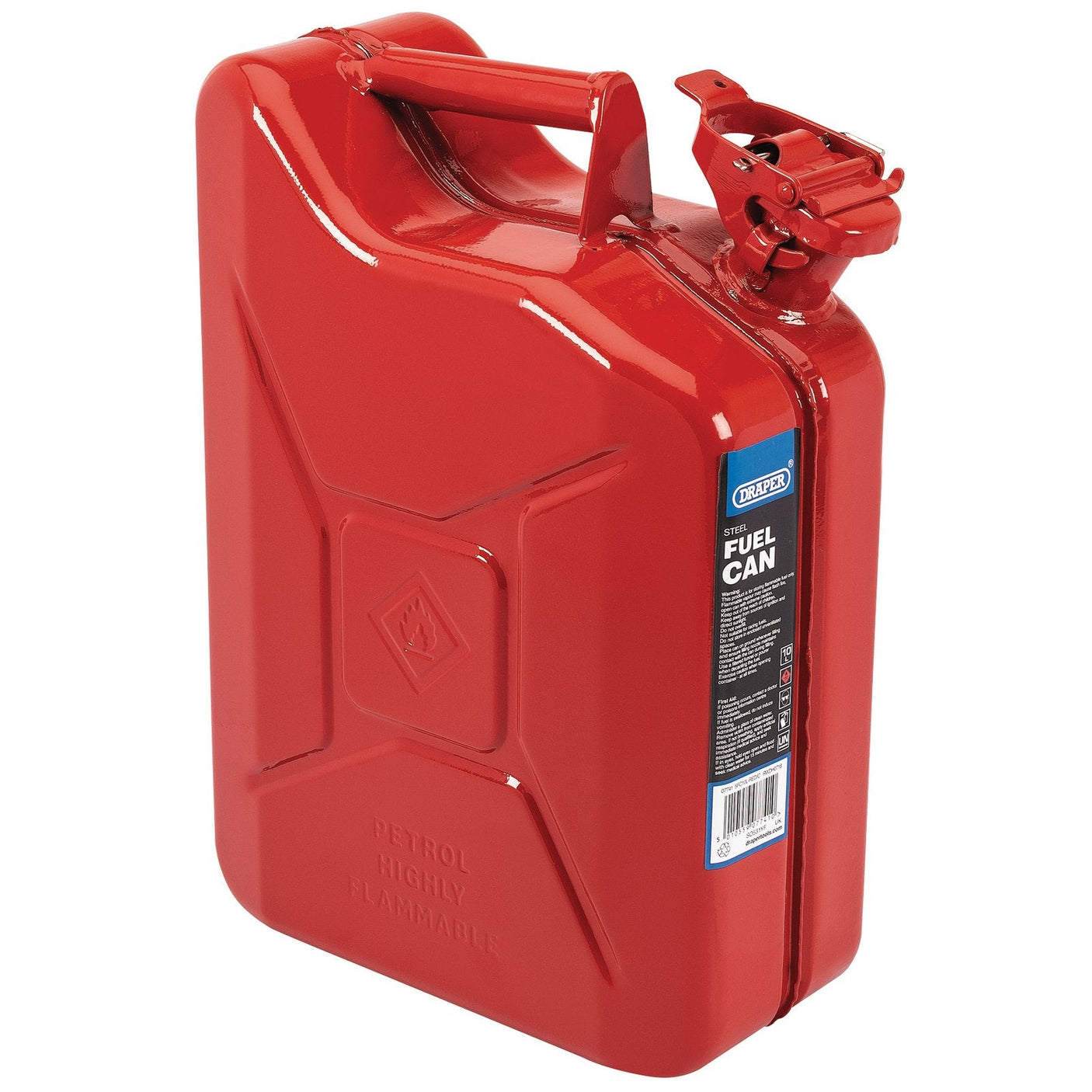 The Draper Steel Fuel Can, 10L, Red - SFC10L-RED/C is a robust and secure metal can specifically designed for petrol storage. It features a secure locking mechanism on top and clearly labeled indications that the contents are highly flammable and for petrol use only. Its leak-proof design ensures safe storage and transport of flammable liquids.