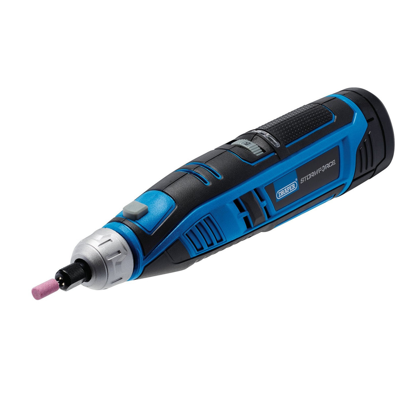 A Draper Storm Force® 10.8V Power Interchange Rotary Multi-Tool Kit, featuring a blue and black design with a rotating tip, is displayed against a white background. This cordless rotary multi-tool includes an interchangeable battery system for versatile use and comes with 1 X 1.5Ah battery, 1 X fast charger, and a 50-piece accessory kit.