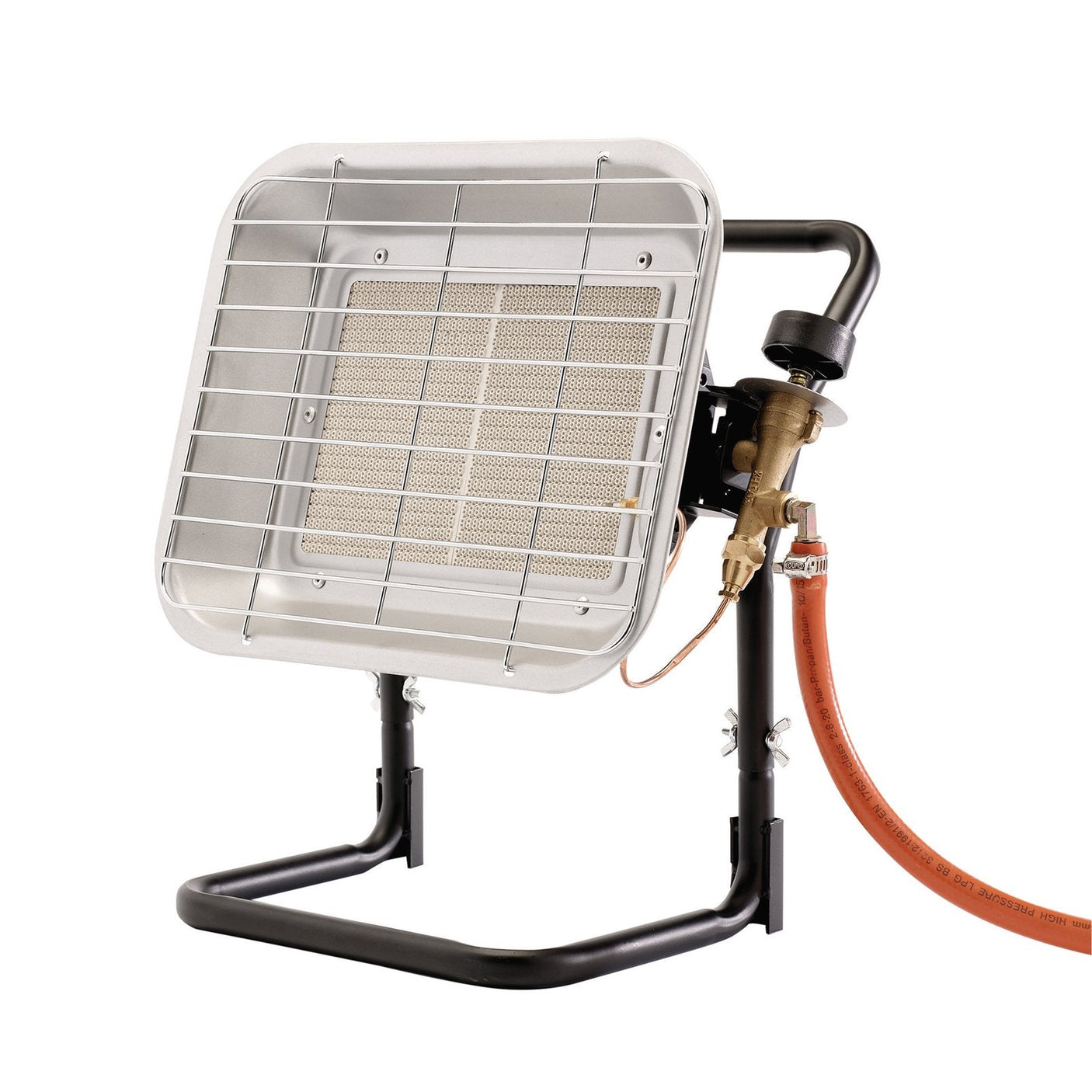 The Draper Free-Standing Propane Space Heater, PSH-RAD15A, by Draper outputs 15,354 Btu/4.5Kw. It features a metal propane heater with a square mesh front, an orange hose, and an adjustable black stand. For added safety, it includes a metal guard.