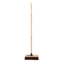 The Draper Stiff Bassine Broom Head with Plastic Bracket and Handle, measuring 300mm, is an ideal choice for outdoor sweeping with its durable wooden handle and wide rectangular brown bristled brush head.