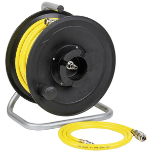 The SIP - Major Air Hose Reel 20 (SIP-07970) by SIP features a yellow air hose coiled on a black reel with a heavy-duty metal casing. The reel incorporates Through Flow technology and comes with metal connectors at both ends.