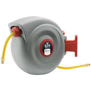 A grey retractable air hose reel featuring the SIP - Air Hose Reel 12 - SIP-07972 label, equipped with a 12-meter yellow hose and a red nozzle. The reel incorporates Through Flow technology to ensure optimal performance.