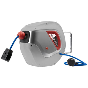 The SIP Retractable Electric Cable Reel 15mtr | IP-07973, by SIP, is a wall-mounted unit with a gray and red housing. It features a 15-meter extendable blue cord, black electrical plugs, and includes a thermal trip switch for added safety.