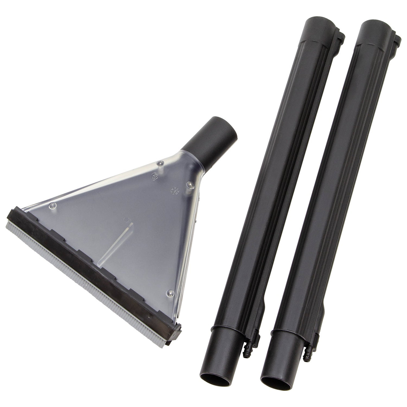 An image of the SIP - Floor Carpet Wand (SIP-07981) by SIP features a transparent triangular head, making it perfect for industrial cleaning. It comes with two black detachable extension tubes, ideal for carpet and upholstery tasks.