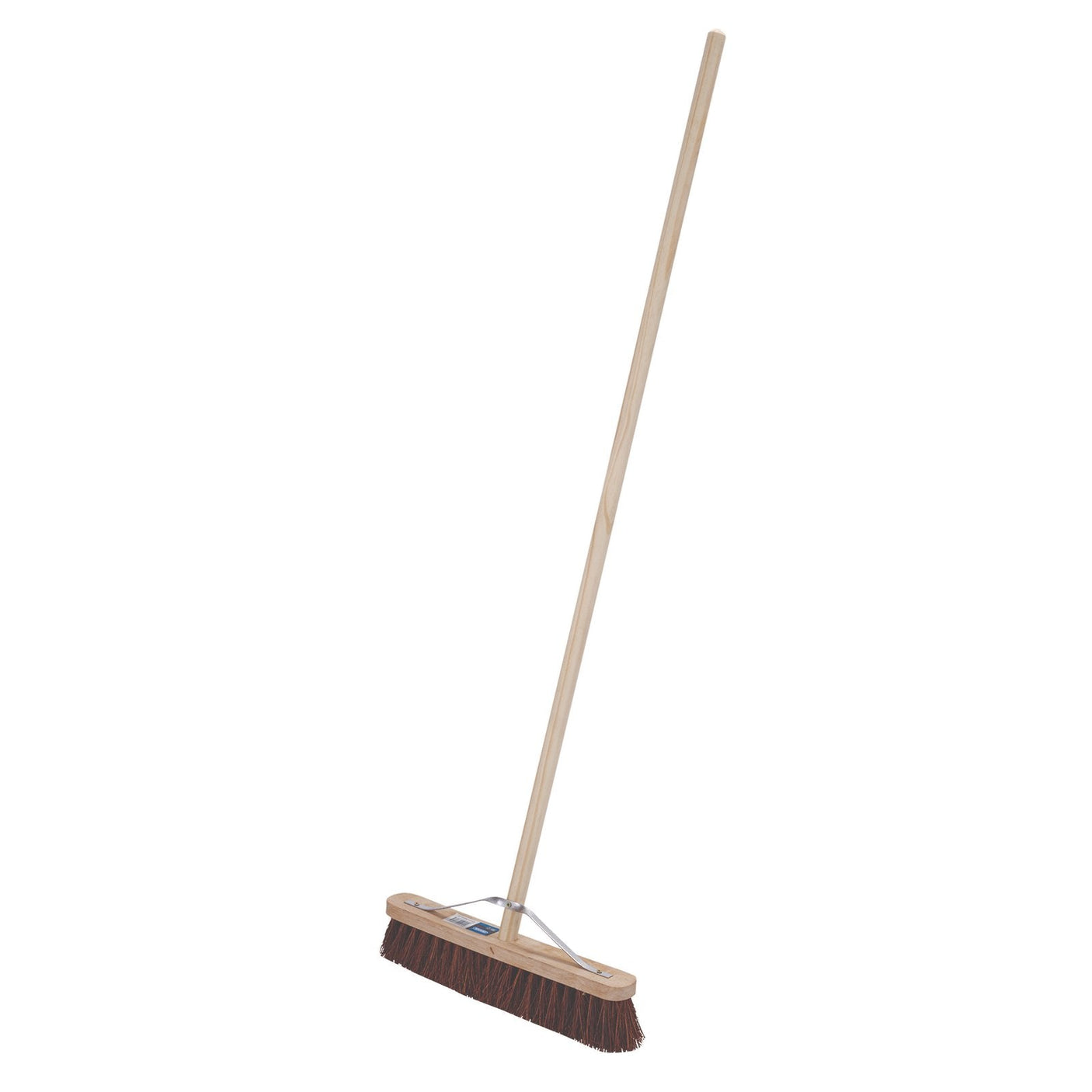 A Draper Stiff Bassine Broom, 450mm - PBRM/BASE features a wooden handle, long-handled design with stiff bristles and an angled head for efficient outdoor use.