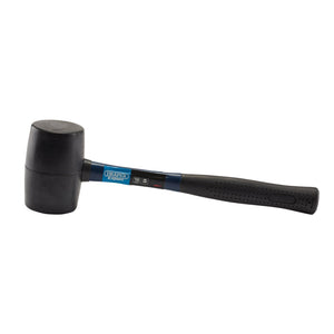 The Draper Rubber Mallet with Fibreglass Shaft, RM450FG/SP, weighing 450g/16oz, lies against a white background, featuring a striking blue and black grip.