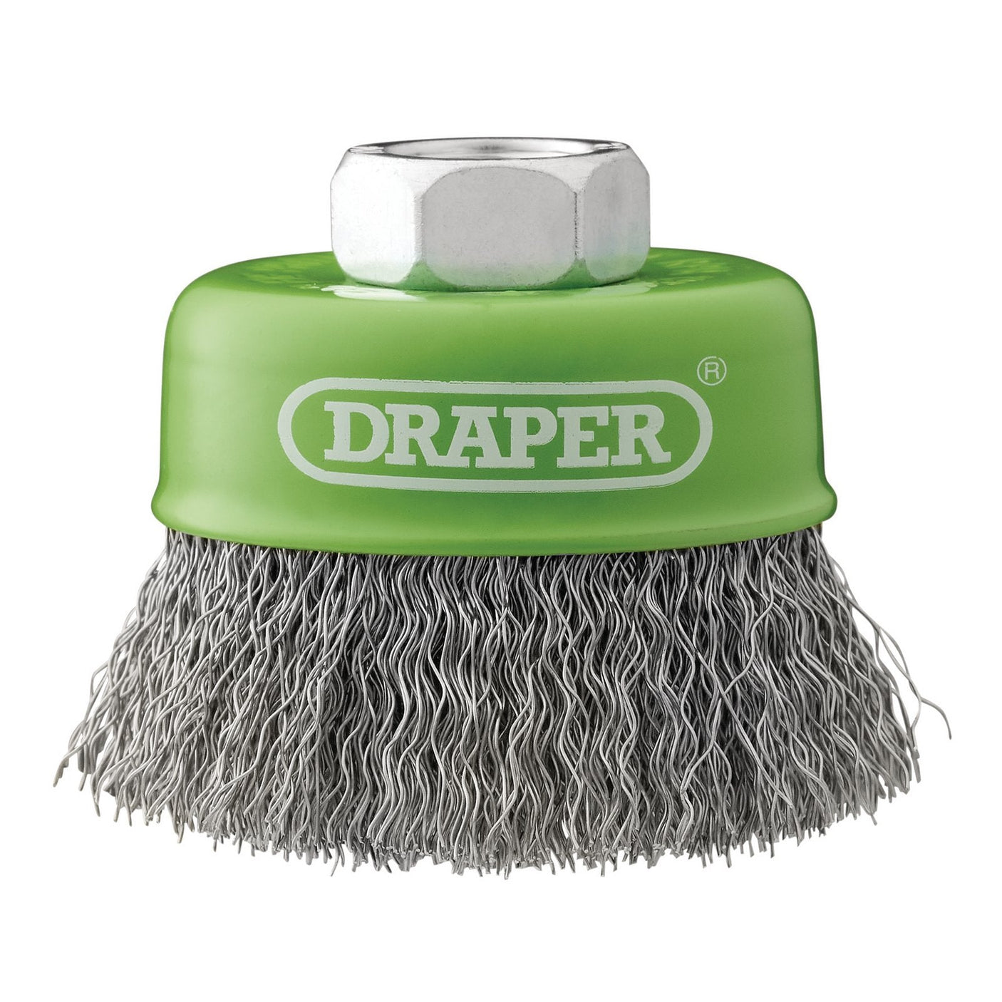 A Draper Stainless-Steel Crimped Wire Cup Brush, 65mm, M14 - WBC8; a green wire brush cup with the brand name "Draper" printed in white on the side and featuring a silver attachment nut on top, ideal for angle grinders.