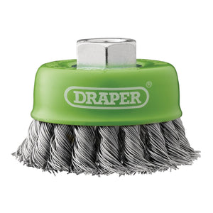 The Draper Stainless-Steel Twist-Knot Wire Cup Brush, 75mm, M14 - WBC11 features twisted steel bristles and a hexagonal drive shaft, making it perfect for use with angle grinders.