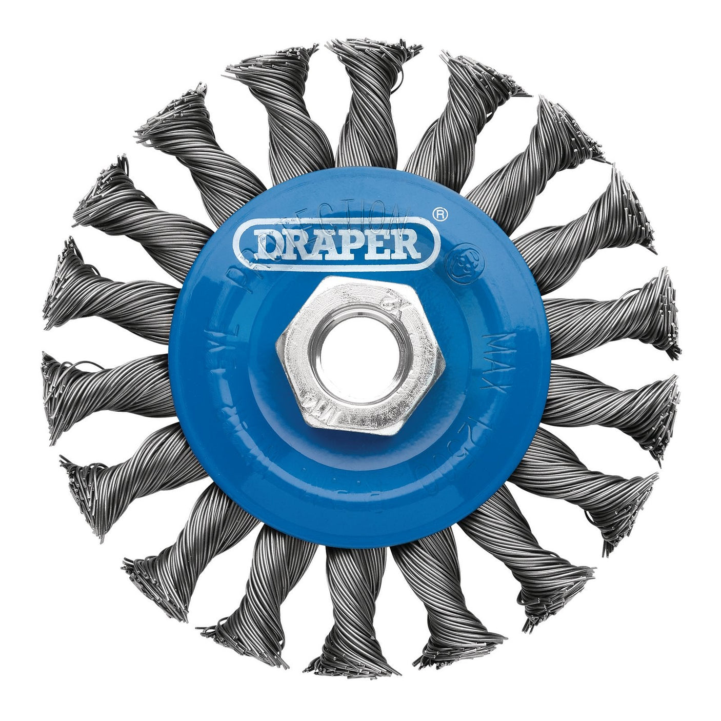 A Draper Steel Twist-Knot Flat Wire Wheel Brush, 100mm, M14 - WBW2 with hardened steel wire and a central hexagonal nut, labeled "DRAPER" on a blue base. Ideal for aggressive stock removal.