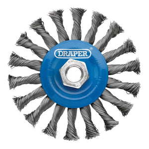 Close-up of a Draper Steel Twist-Knot Flat Wire Wheel Brush, 115mm, M14 - WBW3 with hardened steel wire and twisted steel bristles, ideal for heavy-duty work and abrasive tasks.