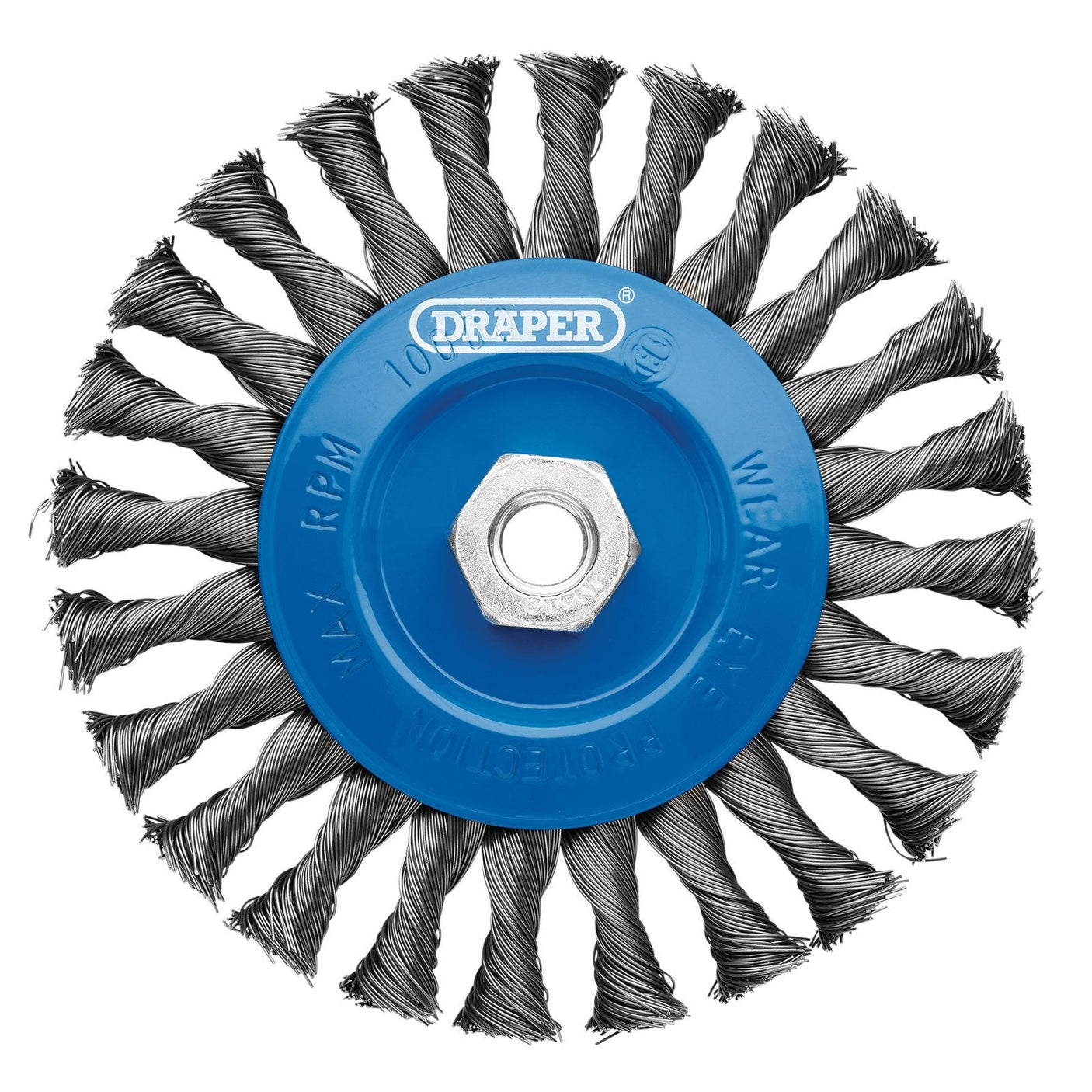 The Draper Steel Twist-Knot Flat Wire Wheel Brush, 150mm, M14 - WBW4 is a blue and silver industrial or heavy-duty deburring and cleaning tool. It features twisted steel bristles and a central hexagonal mounting hole for efficient performance.