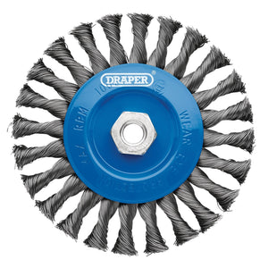 The Draper Steel Twist-Knot Flat Wire Wheel Brush, 150mm, M14 - WBW4 is a blue and silver industrial or heavy-duty deburring and cleaning tool. It features twisted steel bristles and a central hexagonal mounting hole for efficient performance.