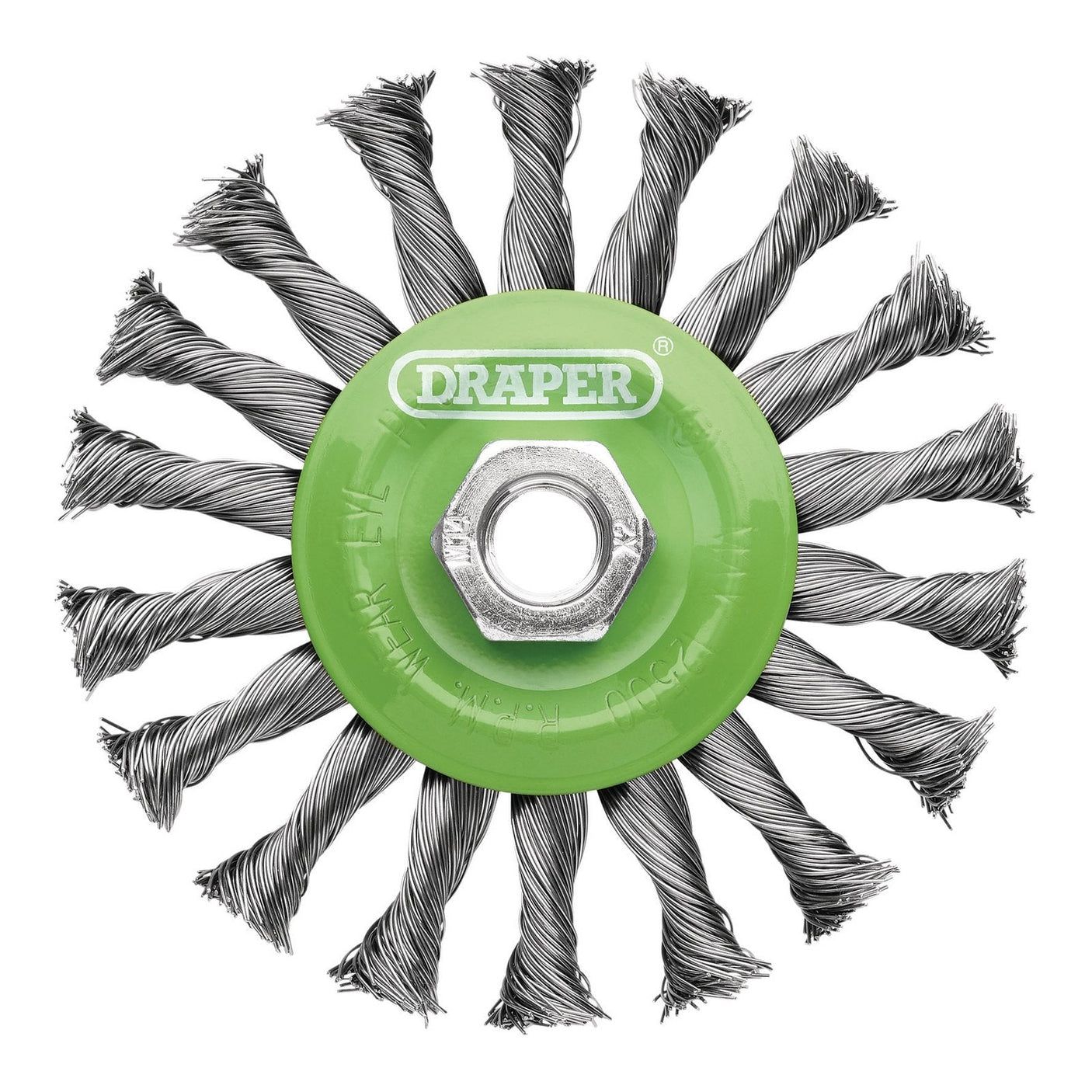 The Draper Stainless-Steel Twist-Knot Flat Wire Wheel Brush, 115mm, M14 - WBW5 features a green circular twist-knot flat brush attachment with twisted metal bristles and a central hexagonal nut. The "Draper" brand name is prominently displayed on the green part, making this brush ideal for aggressive stock removal when used with angle grinders.