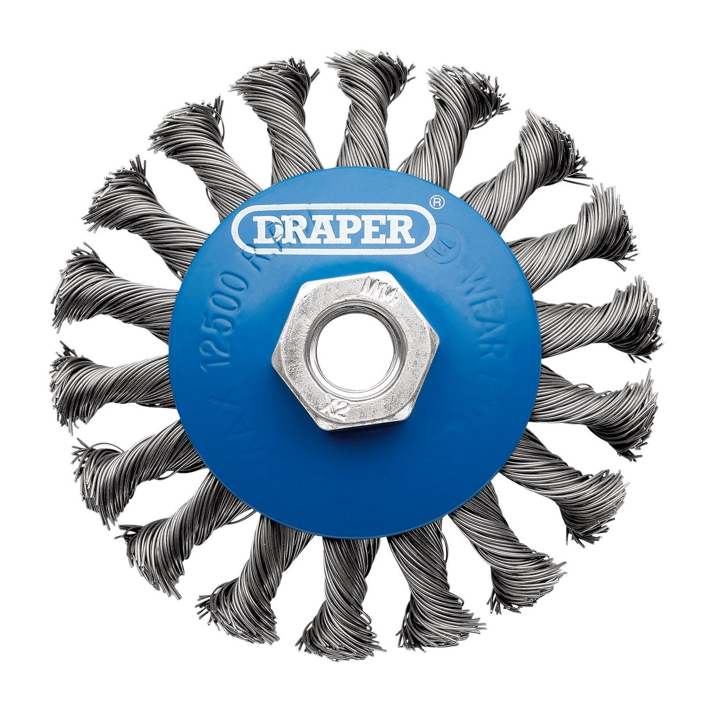 The Draper Steel Bevelled Twist-Knot Wire Wheel Brush, 100mm, M14 - WBW6 features twisted bristles with a blue center marked "Draper," utilizing hardened steel wire ideal for heavy-duty work.