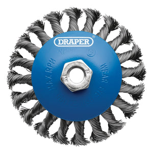 A Draper Steel Bevelled Twist-Knot Wire Wheel Brush, 115mm, M14 - WBW7 with twisted metal bristles, a central hexagonal nut, and angle grinder compatibility for heavy-duty stock removal.