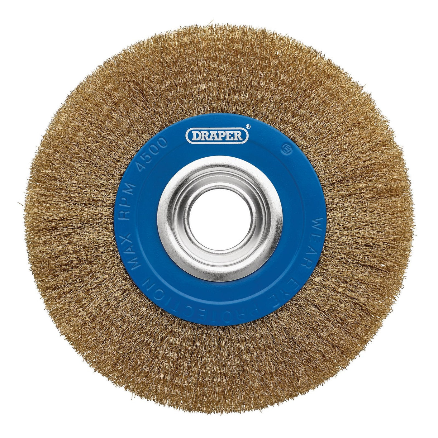 The Draper Brassed Steel Bench Grinder Wire Wheel Brush, 200 X 31.75mm - BG200CS, features a blue center hub and is labeled "Draper." It boasts a circular arrangement of brassed steel wire bristles, making it perfect for surface preparation with power tools. Ideal for use as a bench grinder wire wheel, it ensures efficient stock removal.