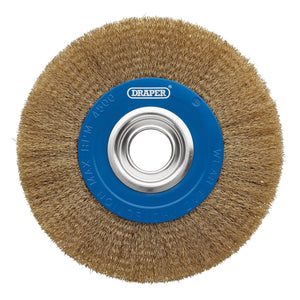 The Draper Brassed Steel Bench Grinder Wire Wheel Brush, 200 X 31.75mm - BG200CS, features a blue center hub and is labeled "Draper." It boasts a circular arrangement of brassed steel wire bristles, making it perfect for surface preparation with power tools. Ideal for use as a bench grinder wire wheel, it ensures efficient stock removal.