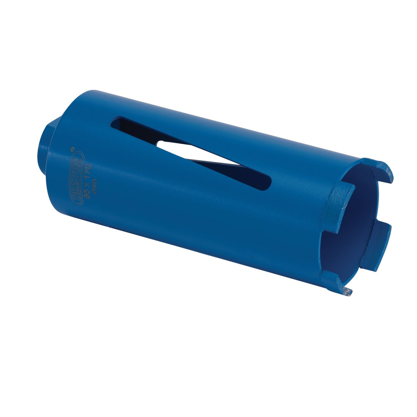 A Draper Diamond Core Bit, 65mm by 170mm in size, features a blue cylindrical design with a hollow center and serrated edges, making it ideal for masonry applications.