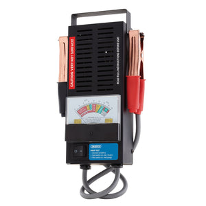 The Draper Battery Drop Tester, 100A - BLT100A by Draper features an analog meter and red and black clamps, making it suitable for 6V and 12V lead-acid batteries. It includes a voltmeter along with a warning label that states "Caution: Very Hot Surface.