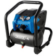 A Draper D20 20V cordless compressor, model D20AC4L, has a blue and black design and features pressure gauges, control knobs, an oil-free motor, and a sturdy frame.