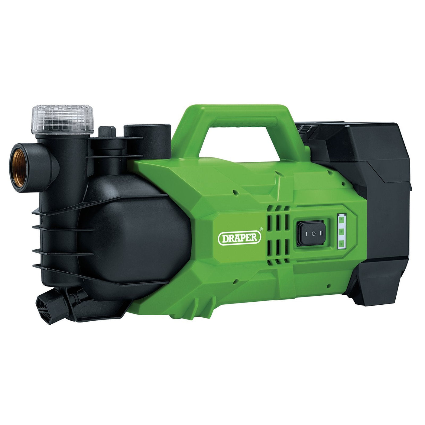 The Draper D20 20V Water Pump, 2800L/H, 180W (Sold Bare) - D20G/WP is a green and black water pump ideal for rainwater use. It features a handle on top, a switch, and indicator lights on the side.